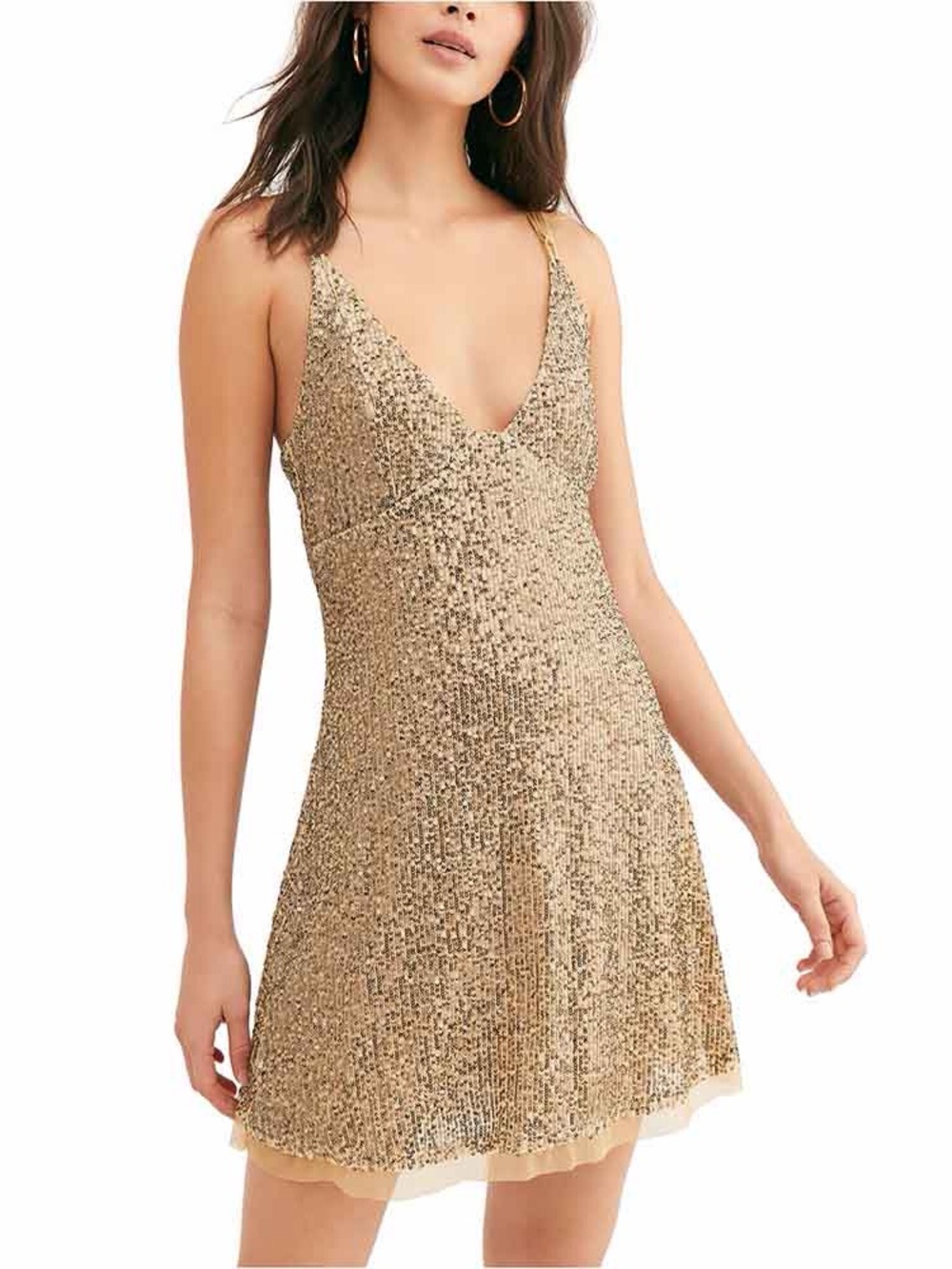 Free People Gold Sequin V-Neck Mini Dress